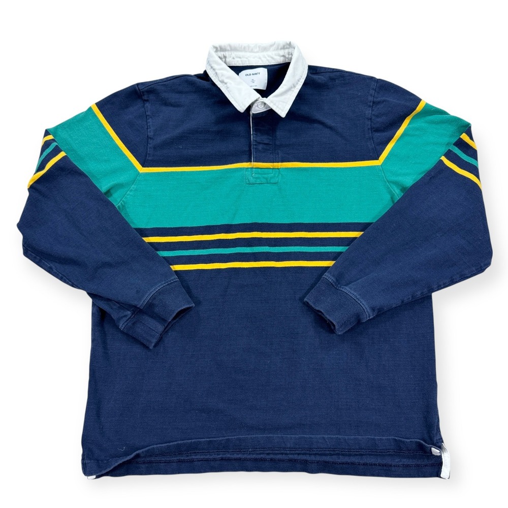 Old‎ Navy Shirt Men's XL Navy Blue Rugby Polo Striped Long Sleeve Preppy